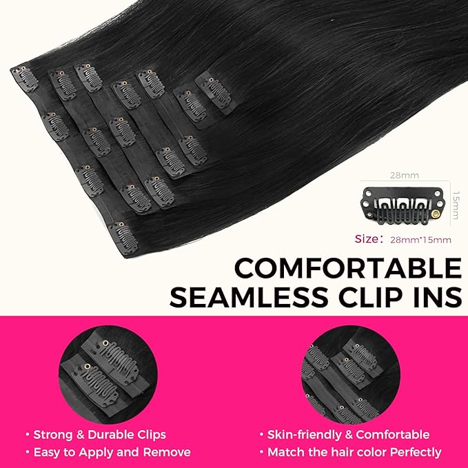 Lashey Seamless Clip in Hair Extensions Real Human Hair Straight 7pcs 110g Seamless Hair Extensions, Jet Black #1 24 Inch Human Hair Clip in Extensions with Soft PU Weft