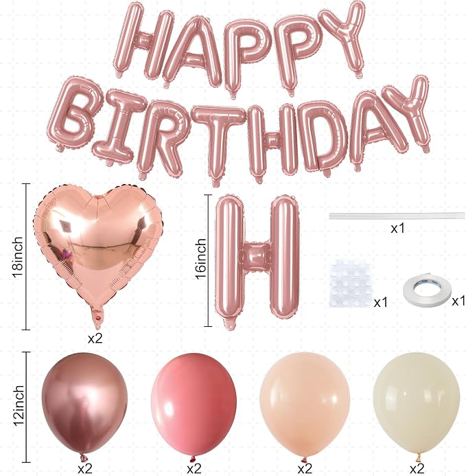 Happy Birthday Balloon Banner Rose Gold, 16 Inch Mylar Letters Rose Gold Heart - Image 2