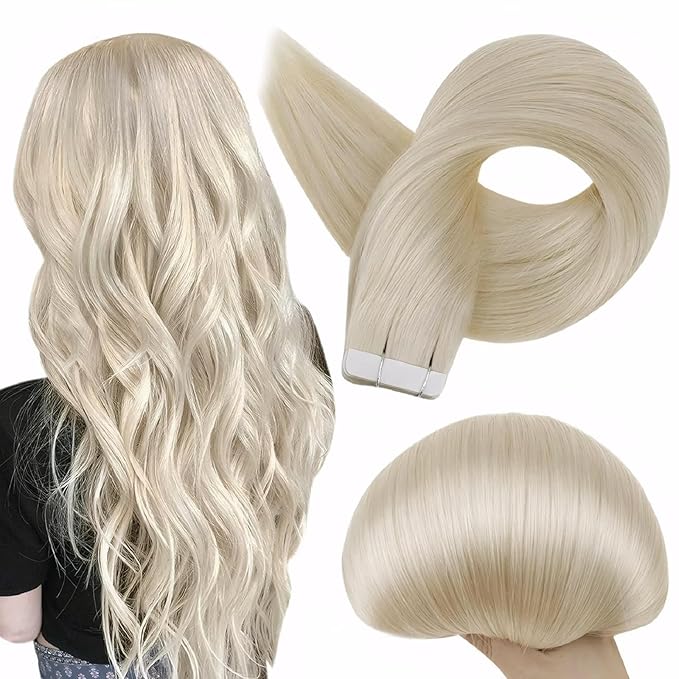 Full Shine Blonde Tape in Hair Extensions Color 60 Blonde Remy Human Hair Extensions Tape in 28 Inch Double Sided Seamless Skin Weft 20 Pcs 50 Gram Invisible Adhesive Real Human Hair Soft