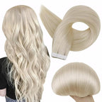 Full Shine Tape in Hair Extensions Platinum Blonde Color 60 Brazilian Remy Tape ins Human Hair Extensions 20 Inch Seamless Pu Tape ins Hair 50g 20 Pcs Hair Extension Real Human Hair Soft Human Hair