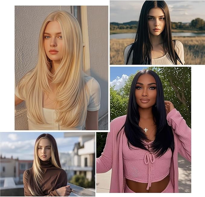BrittyHair Black Mix Blonde Long Straight Wig for Women 26 Inches Synthetic Layered Wig 13x4x1 Black Mix Blonde Lace Front Wig Middle Part Synthetic Wigs for Daily Cosplay Party Use