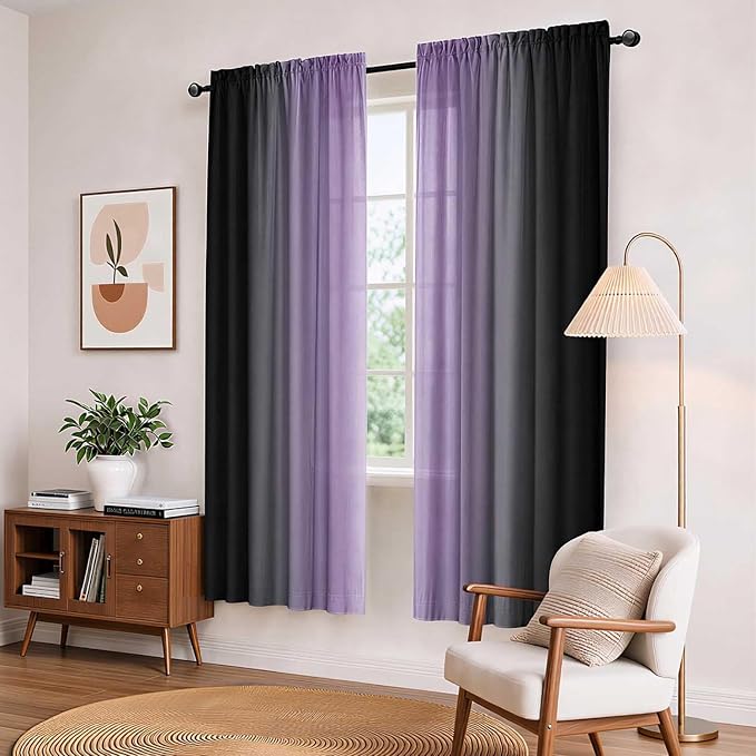 Purple and Black Curtains for Living Room 63 Inch Length Ombre Curtains 2 Panel - Image 2