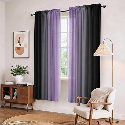 Purple and Black Curtains for Living Room 63 Inch Length Ombre Curtains 2 Panel - Image 2