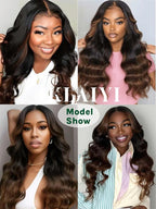 KLAIYI Ombre Brown V Part Wig Body Wave Human Hair Upgrade U Part Wig with Dark Roots Glueless Chestnut Brown Clip in Half Wig No Glue No Leave Out Beginner Wigs for Women Wear and Go Wig 150% 24Inch