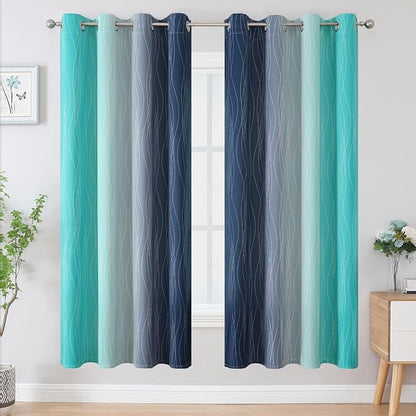 Navy Blue and Teal Blackout Curtains 72 Inch Length 2 Panels Set, Full Room - Image 2