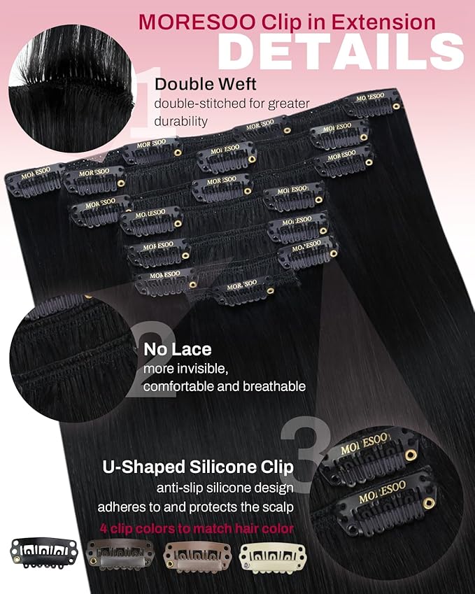Moresoo Clip in Hair Extensions Remy Double Weft Human Hair Clip in Extensions Straight Hair Extensions for Women Natural Black #1B 5pcs 80g 12inch