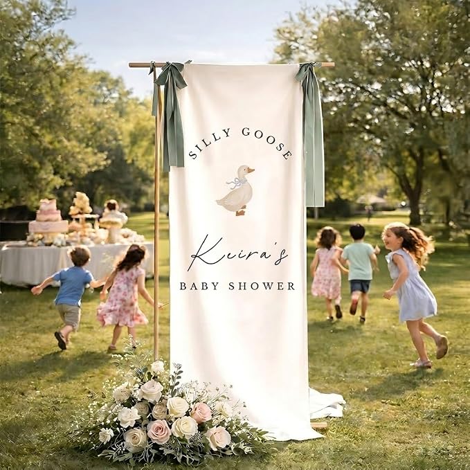 Personalized Silly Goose Baby Shower Fabric Sign Hello Baby Linen Backdrop | - Image 4