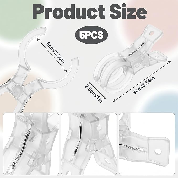 5 Pack Large Balloon Arch Clips, 3.5 Inch Clear Plastic Spring Clamps - Image 2