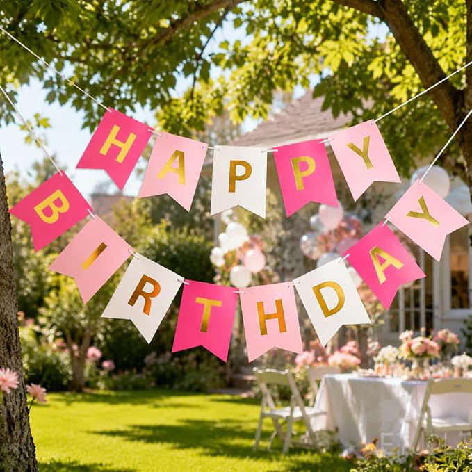 Letjolt Pink Rose White Happy Birthday Banner - Image 6