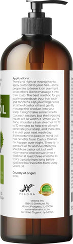velona USDA Certified Organic Castor Oil - 16 fl oz (With Pump) | For Hair Growth, Boost Eyelashes, Eyebrows | Cold pressed, Natural Oil, USP Grade | Hexane Free, Lash Serum, Caster