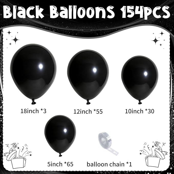 154 PCS of Black Balloons in Different Sizes - Image 3