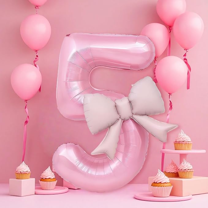 Bow Pink 5 Balloons, 40 Inch Giant Pink Bow Helium Foil Number 5 - Image 3