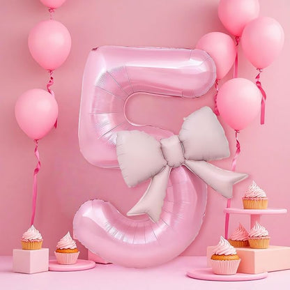 Bow Pink 5 Balloons, 40 Inch Giant Pink Bow Helium Foil Number 5 - Image 3