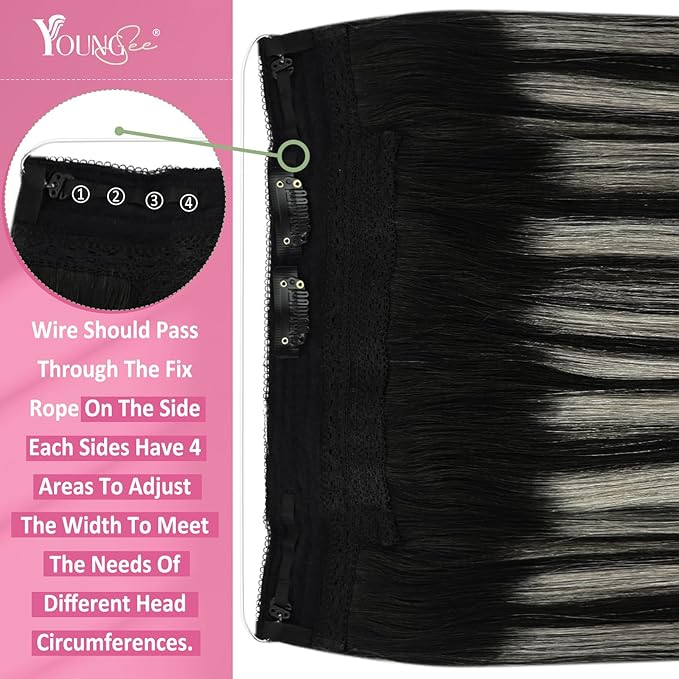 YoungSee Invisible Wire Hair Extensions Ombre Black Wire Hair Extensions Real Human Hair Balayage Black with Silver Headband Hair Extensions for Women 70G 12Inch
