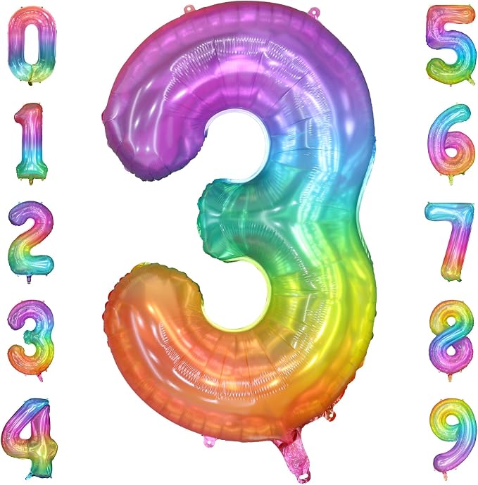 40 Inch Rainbow Number Balloon 3, Large Number Foil Balloons Mylar by PatiCool