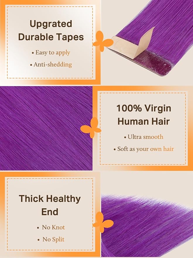 DOORES Hair Extensions Real Human Hair, Purple 22 Inch 30g 10pcs, Tape in Hair Extensions Real Human Hair Seamless Straight Remy Hair Extensions Tape ins