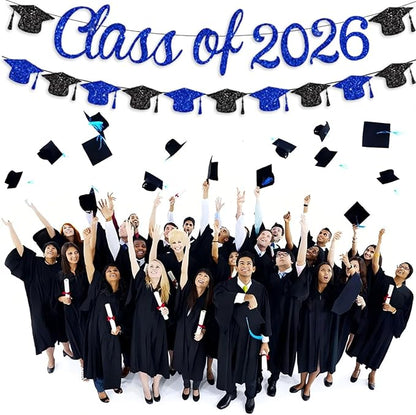 Class of 2026 Banner Graduation Decorations Class of 2026 Blue Glitter Congrats - Image 3
