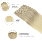 DOORES Clip in Hair Extensions, 155g 10pcs Balayage Ash Blonde to Golden Blonde and Platinum Blonde 16 Inch Real Human Hair Extensions Clip in Skin Weft Hair Extensions