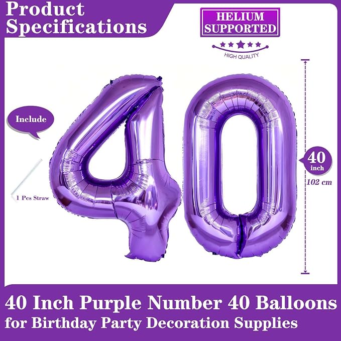 Purple 40 Number Balloons, 40 Inch Giant Number 40 Balloons Foil Mylar Helium - Image 2