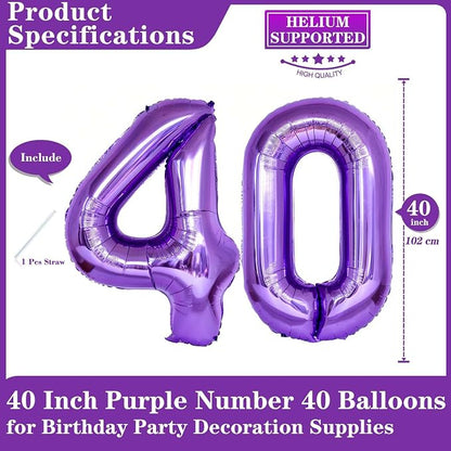 Purple 40 Number Balloons, 40 Inch Giant Number 40 Balloons Foil Mylar Helium - Image 2