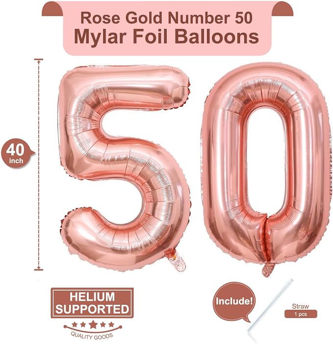 40 Inch Rose Gold 50 Number Balloons Giant Jumbo Huge 50 Foil Mylar Helium - Image 2