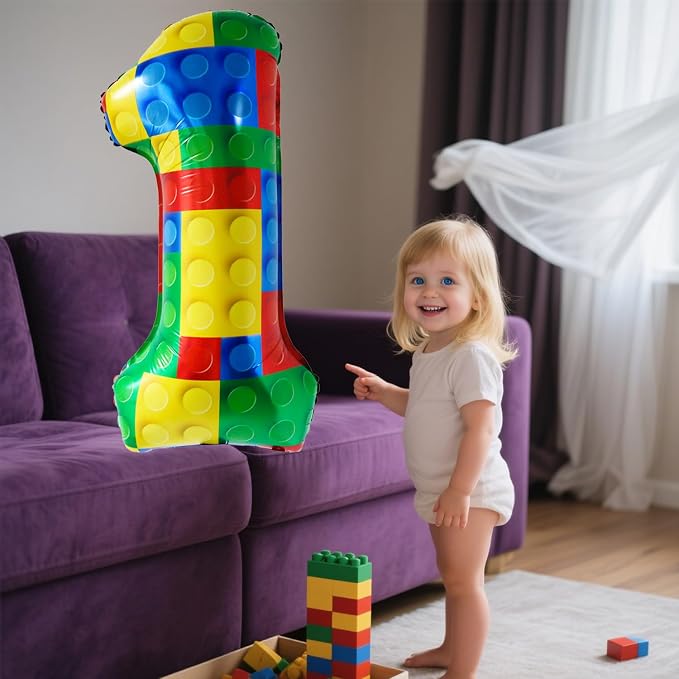 32 Inch Stackable Block Number 1 Balloon – Colorful Brick Building Themed Big - Image 4