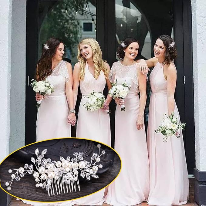 3PC Clysburtuony Bridal Hair Accessories for Women: Flower Side Hair Clips, Pearl Headpiece, Hair Pins (White Combs)