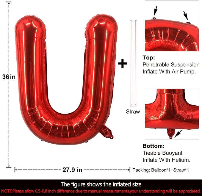 Lovoir 40 Inch Large Red Letter U Balloons Big Size Jumbo Mylar Foil Helium - Image 2