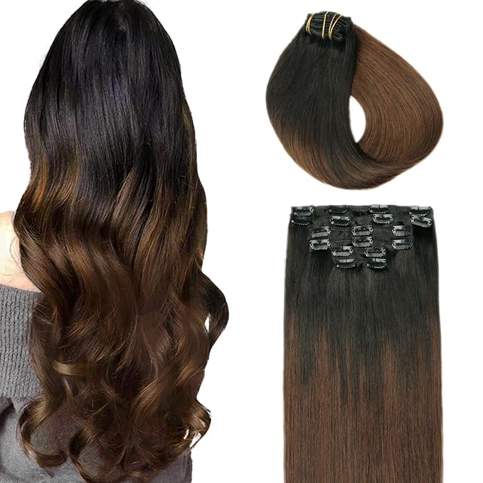 SURNEL Clip in Human Hair Extensions 20 Inch 6pcs 120g Omber Natural Black to Chocolate Brown Straight Thick Weft (#1BT4,20'')