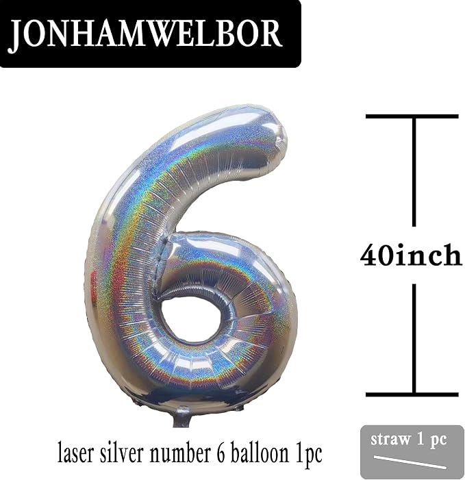 Jonhamwelbor 40 Inch Laser Silver Number 6 Balloon Foil Mylar Giant Balloon - Image 2