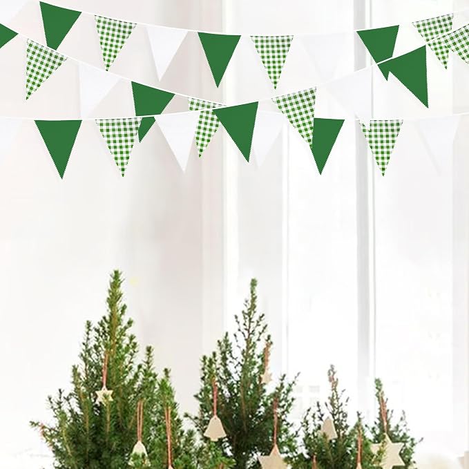 32Ft Green Party Decorations Green Buffalo Plaid Checkered White Triangle Flag - Image 5