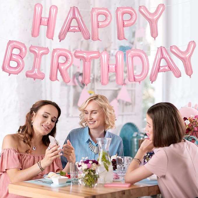 Happy Birthday Balloons Banner Pink, 16Inch Polyester Film Light Pink Foil - Image 3