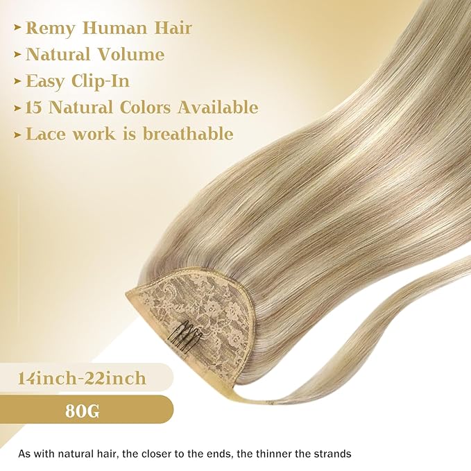 Ve Sunny Hair Extensions Ponytail Real Human Hair 80G Wrap Around Clip in Ponytail Hair Extensions Straight Extensions Human Hair for Women Dark Golden Blonde Highlights 14inch