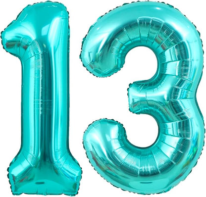 40 Inch Big Teal Blue Number 13 Foil 0-9 Mylar Helium Balloons | Large Digital by SULALABOO