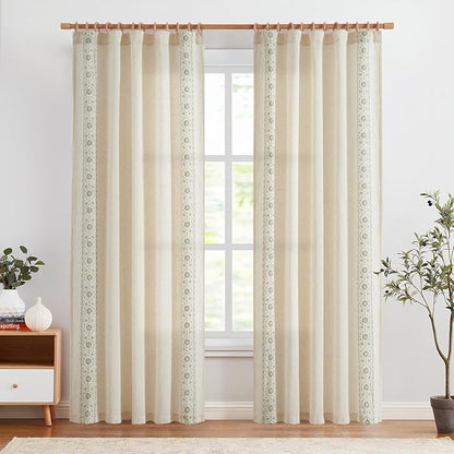 jinchan Floral Linen Curtains Embroidered Back Tab 50x84in 2 Panels Sage | - Image 3