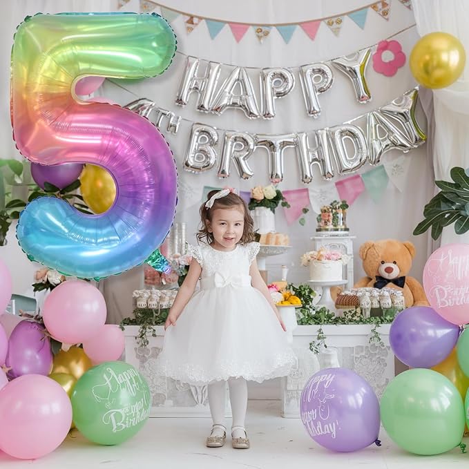 Big Number 5 Balloons, Rainbow Foil 5 Balloon Numbers 40 Inch, Giant 5th - Image 4