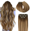 SURNEL Clip in Hair Extensions Real Human Hair Balayage Chocolate Brown to Caramel Blonde Clip in Hair Extensions Clip ins 16 inch 6pcs 100g(#4/27/4,16")
