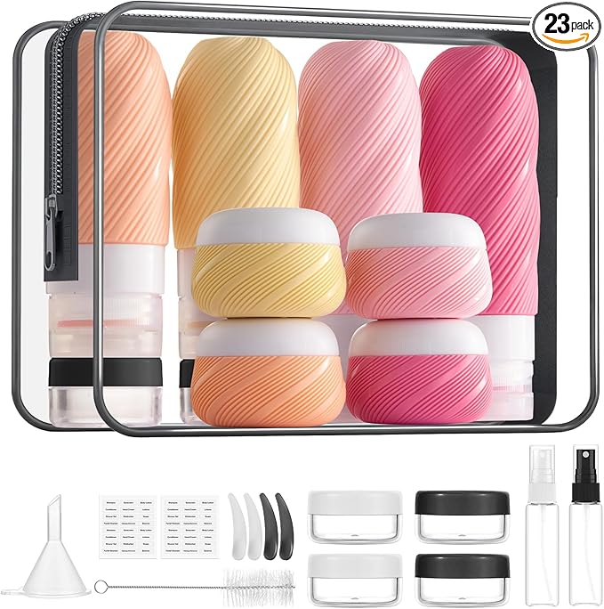 LitBear 23 Pack TSA Approved Travel Bottles for Toiletries, Leak Proof Refillable Travel Size Containers Kit with Silicone Squeezable Bottles Jars for Shampoo Lotion Conditioner, in Clear Bag, Pink