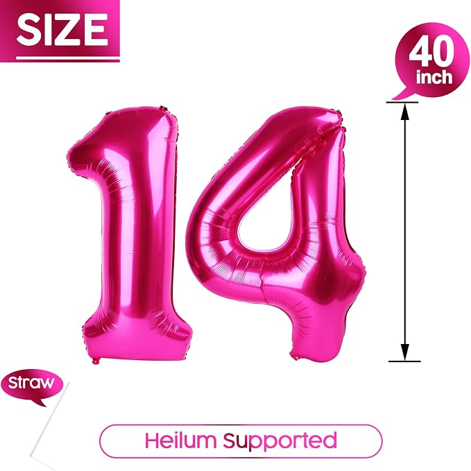 14 Balloon - Hot Pink Birthday Number Balloons, 40 Inch Party Decorations | Hot - Image 5