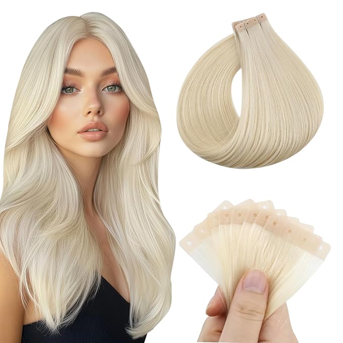 Full Shine Tape in Hair Extensions Invisible Tape Extensions Human Hair Color 60 Bleach Blonde 20PCS 50G 24Inch Tape with Holes for Daily Wear No Glue No Clips Seamless Skin Weft for Women