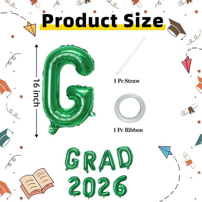 Green GRAD 2026 Banner Balloons, 16 Inch Mylar Foil letter Graduation Balloons - Image 2