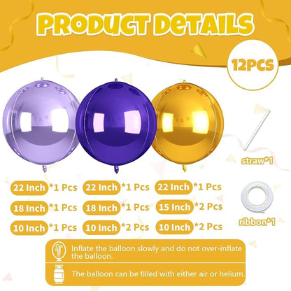 12Pcs Purple and Gold Round Balloons Foil, Large Gold Dark Light Purple - Image 2