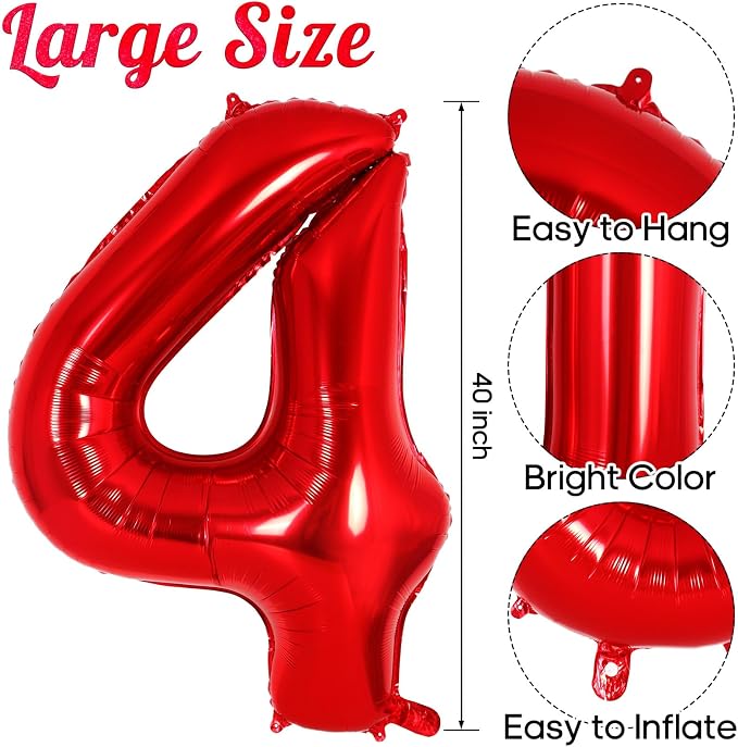 Red Number 4 Balloon 40 Inch, Big Large Foil Helium Number Balloons, Jumbo - Image 3
