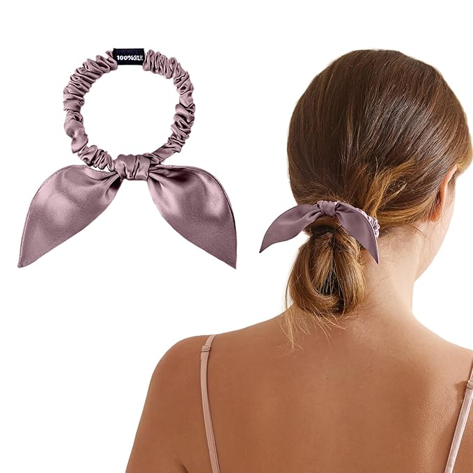 THXSILK Hair Silk Scrunchies with Bow for Women Pure Mulberry Silk Hair Cute Ring Ties Scrunchies for Girls Women's Thick Hair, Purple, 2.8"