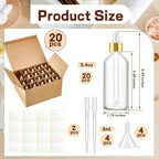 Tessco for you 20 Pack 3.4 oz Glass Dropper Bottles with Glass Eye Droppers for Essential Oils, Empty Oil Bottles with Funnel, Labels and Pipette for Hair Oils Perfume Cosmetic Travel(Amber)