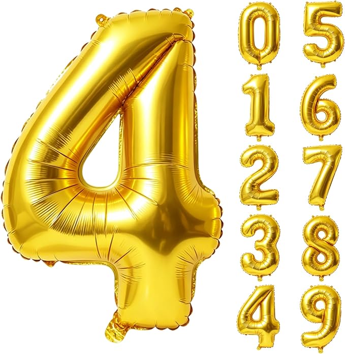 40 Inch Number 4 Balloons for 4th Birthday Party Decorations, 0-100 Gold Large by FOBELEC