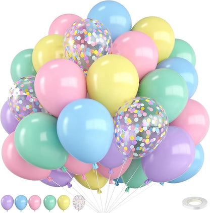 Pastel Balloons, 12 Inch Rainbow Macaron Pink Blue Purple Green Yellow Colorful by FEYG
