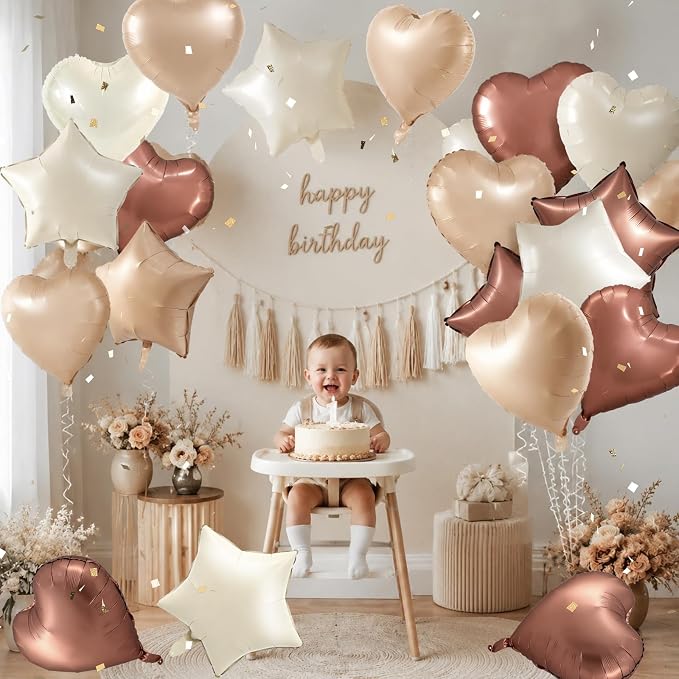 TONIFUL 18 Inch Cream Brown Star and Heart Foil Balloons - Image 3