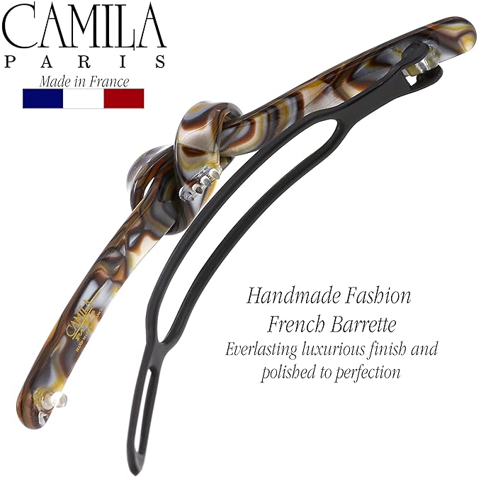 Camila Paris CP3353 French Hair Barrette Clip for Girls, Handmade, Onyx, Metal-Free Closure Strong Hold Grip Hair Clips for Women, No Slip Durable Styling Girls Hair Accessories, Made in France