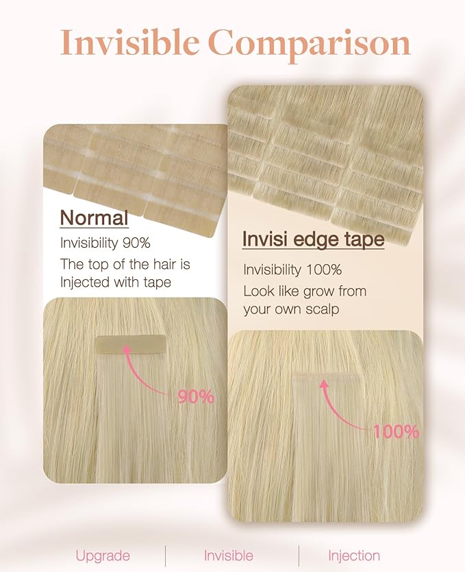 GOO GOO Invisi Edge Tape in Hair Extensions Human Hair, 18ET90A Natural Blonde Balayage10pcs injected with 10pcs classical tape ins, 16inch 50g, Virgin Remy Hair, Natural Look